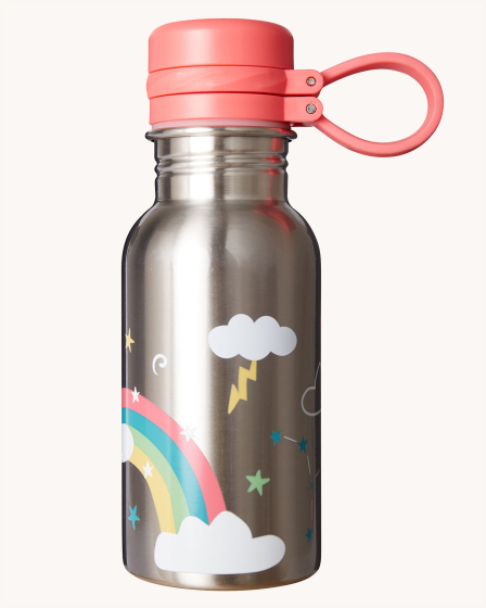 Frugi Kids Splish Splash Steel Bottle - Rainbow Clouds, with adorable rainbow, clouds and star prints on a steel bottle and a pink cap with a loop connection keeping the lid secured onto the bottle neck when opened, on a cream background