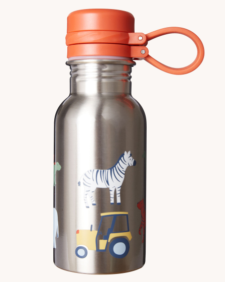 Frugi Kids Splish Splash Steel Bottle - Frugi Farm, with adorable wild animals and vehicles on a steel bottle and an orange twist cap with a loop connection keeping the lid secured onto the bottle neck when opened, on a cream background