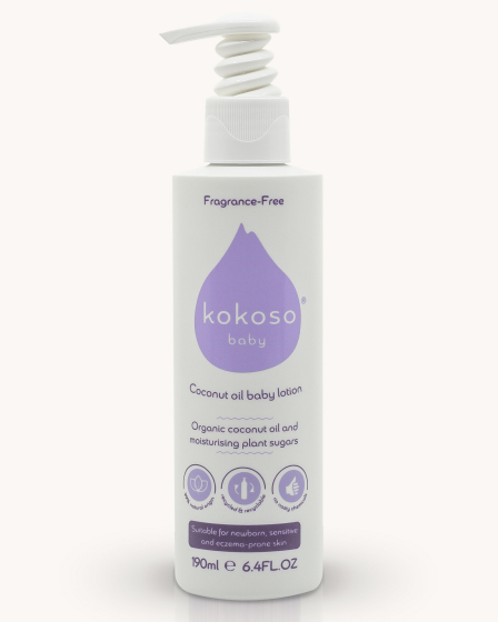 Kokoso fragrance-free organic coconut oil lotion bottle on a cream background