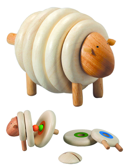 Plan Toys Lacing Sheep Threading Game for toddlers and preschoolers, made of solid rubber wood. White background. 