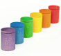 Grapat 6 Wooden Toy Rainbow Cups with Lids on, lined up in rainbow colour order. For colour matching, sorting, stacking and holding treasures. White background. 