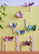 Collection of Studio Roof butterfly and insect decorations on a pastel yellow coloured wall with a pastel lilac border on the top 