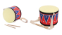 Two Plan Toys Big Drum II with a red and blue zig zag pattern one on its side, the other upright showing the two playing positions. White background.