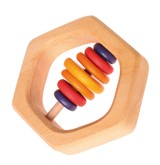 Grimm's Wooden Hexagon Baby Rattle on a white background