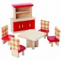 Plan Toys Wooden Dolls House Dining Room Set. This dining room set includes a table, four chairs and a dresser for crockery. Made from solid sustainable rubberwood with red painted details