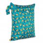 Baba + Boo Reusable Medium Wet Bag in teal with a repeat pattern of toucans, with a side handle and zip open/closure on a white background