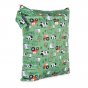 Baba + Boo Reusable Medium Wet Bag in green with a farmyard print of red tractors, cows, chickens, trees and pigs. with a side handle, a zip closure on a white background