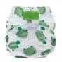Baba + Boo eco-friendly reusable Newborn Nappy in white with grey polka dots, and a repeat pattern of a smiling green frog, green velcro closure tab, photographed on a white background