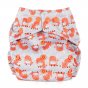 Baba + Boo eco-friendly reusable One-Size Adjustable Nappy in off-white with a repeat print of orange fringed highland cows, orange popper snaps on a white background