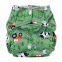 Baba + Boo eco-friendly reusable One-Size Adjustable Nappy in green with a farmyard print of tractors, cows, pigs and sheep with green popper snaps on a white background