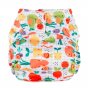 Baba + Boo eco-friendly reusable One-Size Adjustable Nappy in white with a print of colourful fruit and veg with orange popper snaps on a white background