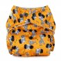 Baba + Boo eco-friendly reusable One-Size Adjustable Nappy in yellow with a repeat pattern of sleeping zebras and black popper snaps on a white background