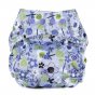 Baba + Boo eco-friendly reusable One-Size Adjustable Nappy in lilac with an outline print of dragonflies and flowers, with purple popper snaps on a white background