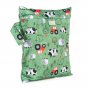 Baba + Boo Reusable Small Wet Bag in green with farmyard print with red tractors, cows, pigs and sheep, with side handle, zip closure. Photographed on a white background