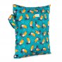 Baba + Boo Reusable Small Wet Bag in teal with a repeat toucan pattern. Side handle and zip opening at top, on a white background