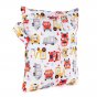 Baba + Boo Reusable Small Wet Bag in white with a pattern of red buses and yellow taxis and diggers. Side handle and zip top opening on a white background