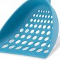 Close up of Beco Pets blue sustainable bamboo cat litter scoop on a white background.