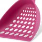 Close up of Beco Pets pink sustainable bamboo cat litter scoop on a white background.