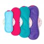 4 sizes of the Bloom and Nora reusable sanitary pads laid out in a line on a white background
