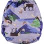 Pop-in Moose purple Nappy wrap with moose and chickens with popper closure on white background