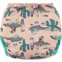 Pop-in light pink Ferret open velcro Nappy all in one nappy with green trim details on a white background