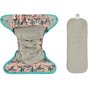 Pop-in light pink Ferret open popper Nappy all in one nappy with green trim details on a white background with grey absorbent inserts