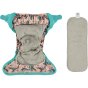 Pop-in light pink Ferret open velcro Nappy all in one nappy with green trim details and grey absorbent inserts on a white background