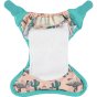 Pop-in light pink Ferret open velcro newborn Nappy all in one nappy with green trim details and white inserts on a white background
