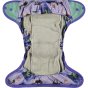 Pop-in Moose purple all in one Nappy with moose and chickens with popper closure and grey bamboo inserts on white background