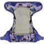 Pop-in Moose purple all in one Nappy with moose and chickens with velcro closure with grey bamboo inserts on white background
