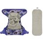 Pop-in Moose purple all in one Nappy with moose and chickens with velcro closure with grey bamboo inserts on white background