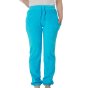Close up of woman wearing the DUNS Sweden organic cotton terry trousers in blue on a white background