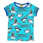 DUNS Sweden childrens blue atoll puffin short sleeve organic cotton top on a white background