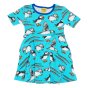 DUNS Sweden childrens short sleeve skater dress in the blue atoll puffin print on a white background
