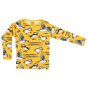 DUNS Sweden childrens organic cotton long sleeve top in the lemon chrome puffin print on a white background