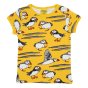 DUNS Sweden childrens lemon chrome puffin short sleeve organic cotton top on a white background