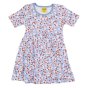 DUNS Sweden childrens short sleeve skater dress in the purple wild strawberries print on a white background