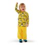 Child stood on a white background wearing the DUNS Sweden yellow puffin long sleeve top with yellow trousers 