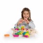 Girl playing with the Erzi sustainably sourced wooden maxi geoblocks on a white background