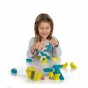 Girl playing with the Erzi eco-friendly stacking wooden geoblocks on a white background