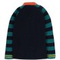 Back of Frugi Fishermans navy cardigan with striped navy and teal sleeves on white background