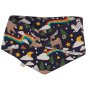 Frugi organic cotton navy dog bandana with popper closure and night time norther lights print of huskies, moose, stars, moon, rainbows, owls and trees on white background