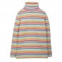 Frugi rainbow striped childrens roll neck jumper top on a white background