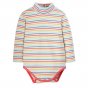 Frugi eco-friendly infant poppy roll neck body in the abisko rainbow stripe colour on a white background