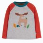 Frugi henry raglan sleeve top for children in grey marl with red sleeves and moose applique on white background