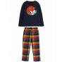 Frugi Caden check pyjama set - long sleeve navy top with sleeping fox applique, and check bottoms on white background