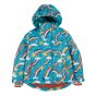Front of the Frugi childrens blue rainbow nights snow and ski jacket on a white background
