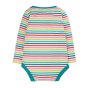 Back of the frugi organic cotton rainbow stripe long sleeve baby body on a white background