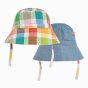 Outside and inside of the Frugi childrens organic cotton reversible rainbow check hayden hat on a white background