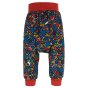 Frugi woodland friends parsnip pants with red roll up ankle cuffs and waistband on white background